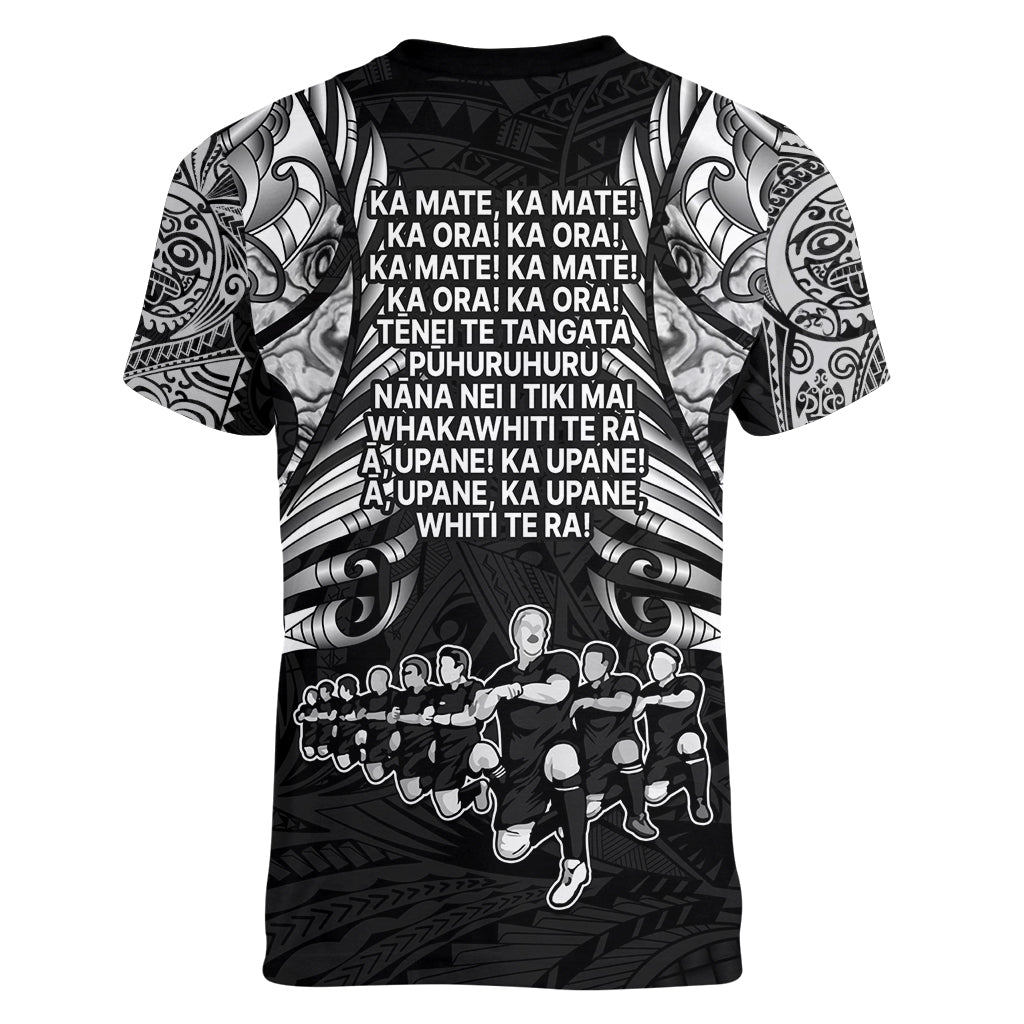 New Zealand Rugby Women V Neck T Shirt Black Haka Dance With NZ Champions History - Vibe Hoodie Shop