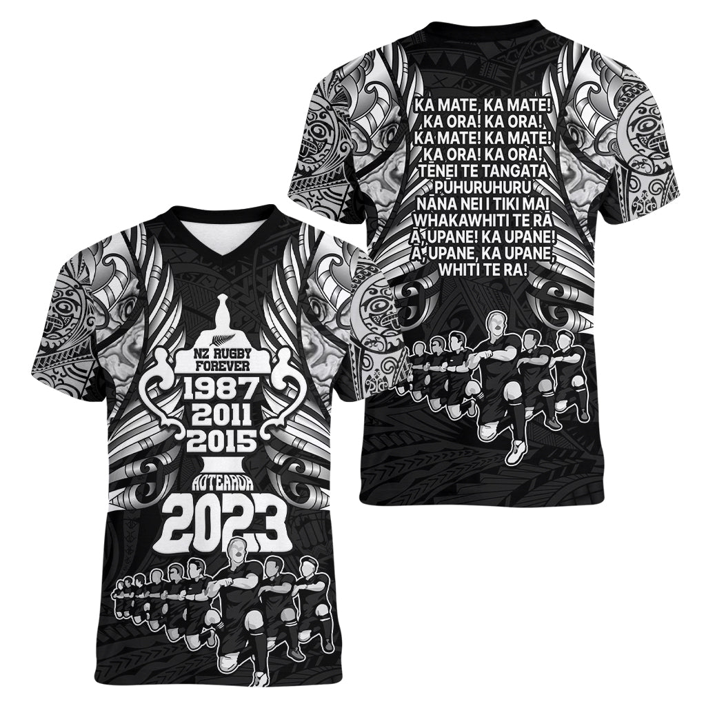 New Zealand Rugby Women V Neck T Shirt Black Haka Dance With NZ Champions History - Vibe Hoodie Shop