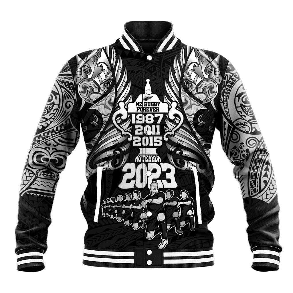 Custom New Zealand Rugby Baseball Jacket Black Haka Dance With NZ Champions History - Vibe Hoodie Shop