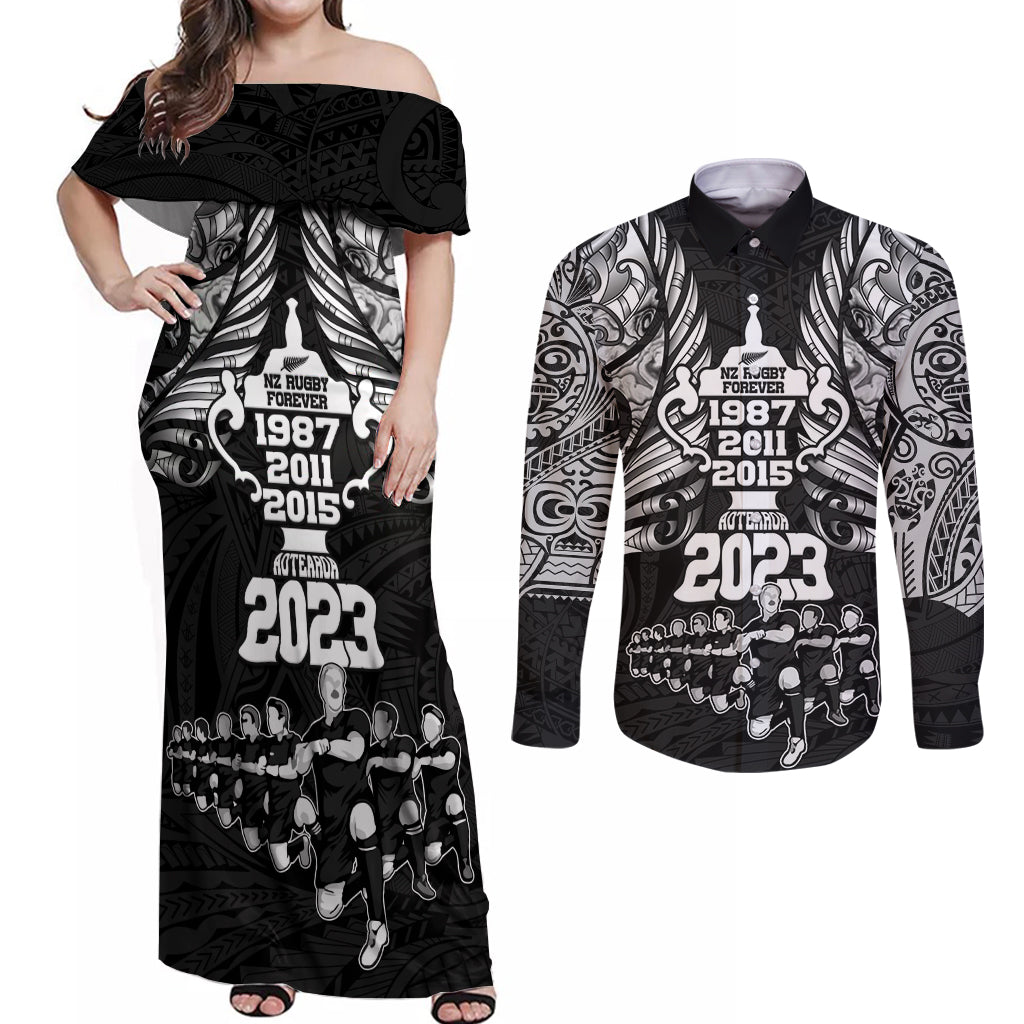 custom-new-zealand-rugby-couples-matching-off-shoulder-maxi-dress-and-long-sleeve-button-shirt-black-haka-dance-with-nz-champions-history