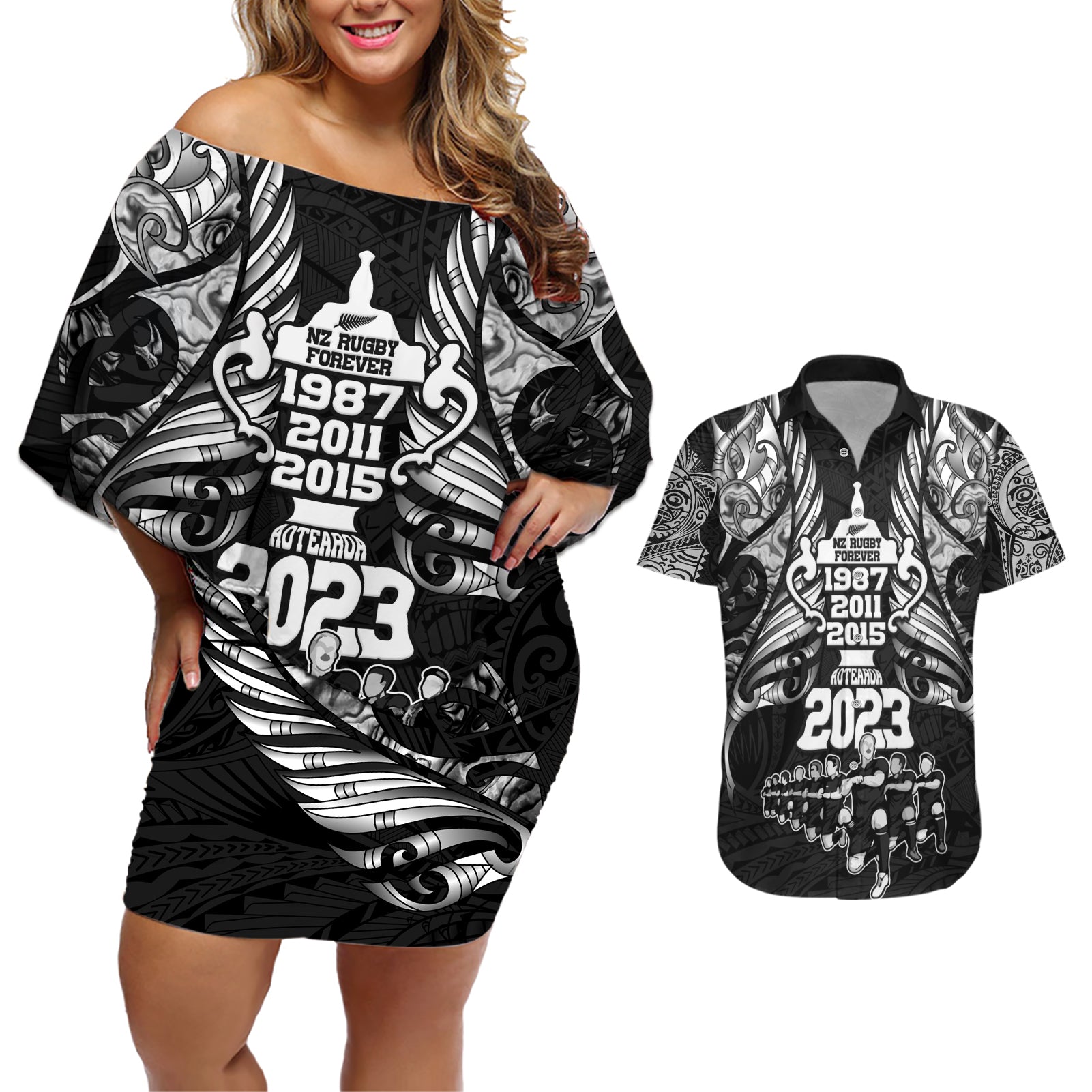 custom-new-zealand-rugby-couples-matching-off-shoulder-short-dress-and-hawaiian-shirt-black-haka-dance-with-nz-champions-history