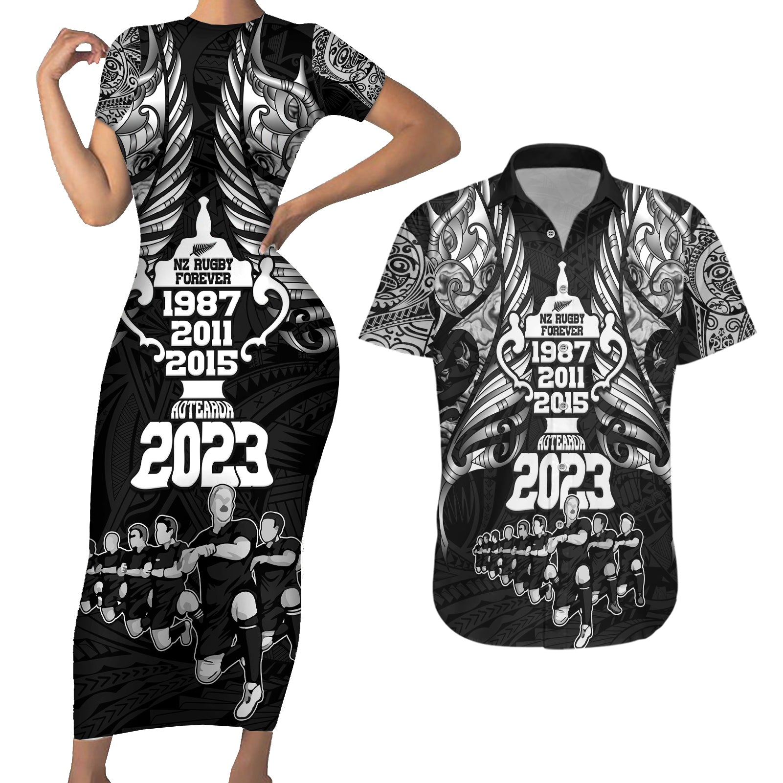 custom-new-zealand-rugby-couples-matching-short-sleeve-bodycon-dress-and-hawaiian-shirt-black-haka-dance-with-nz-champions-history