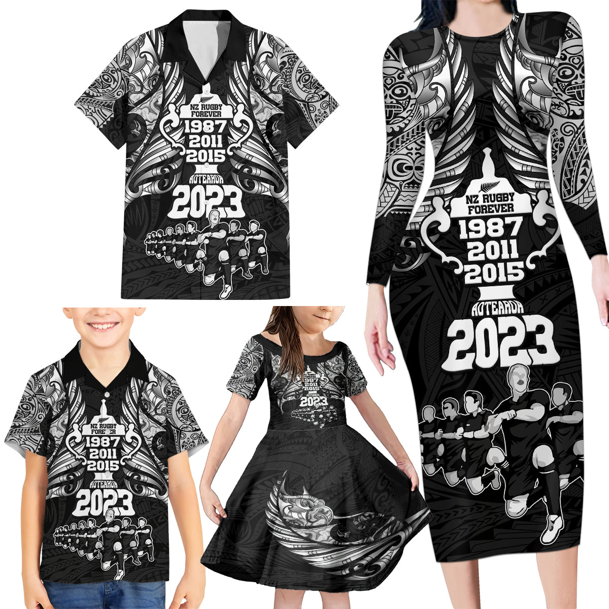 custom-new-zealand-rugby-family-matching-long-sleeve-bodycon-dress-and-hawaiian-shirt-black-haka-dance-with-nz-champions-history