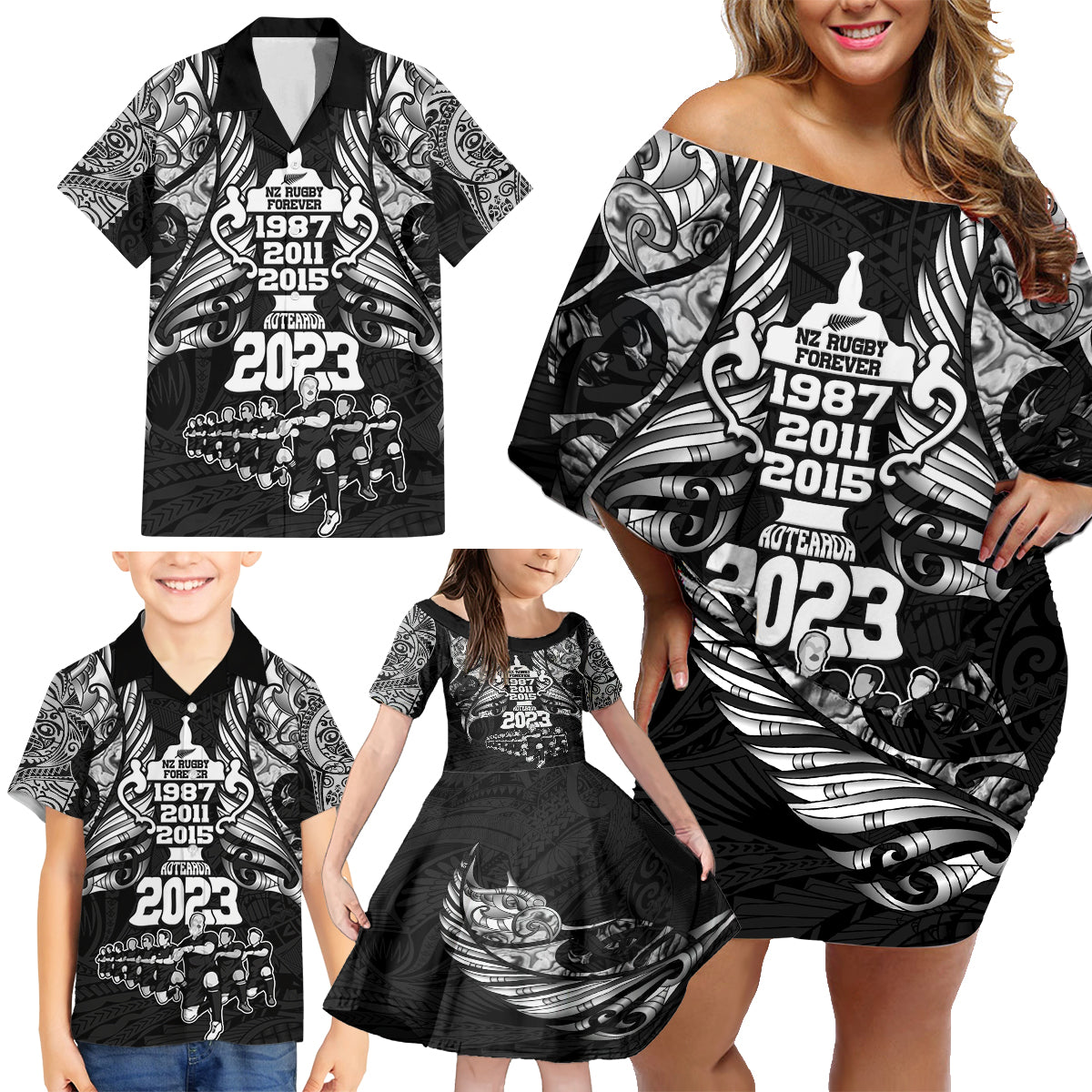 custom-new-zealand-rugby-family-matching-off-shoulder-short-dress-and-hawaiian-shirt-black-haka-dance-with-nz-champions-history