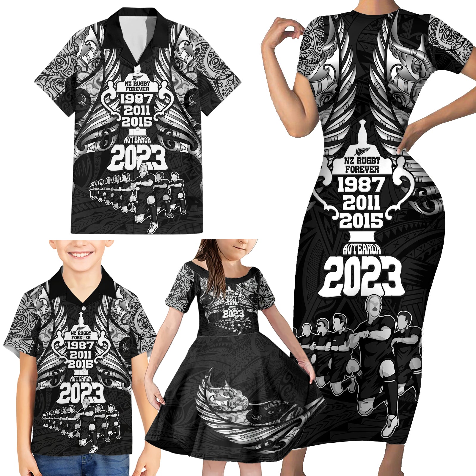 custom-new-zealand-rugby-family-matching-short-sleeve-bodycon-dress-and-hawaiian-shirt-black-haka-dance-with-nz-champions-history