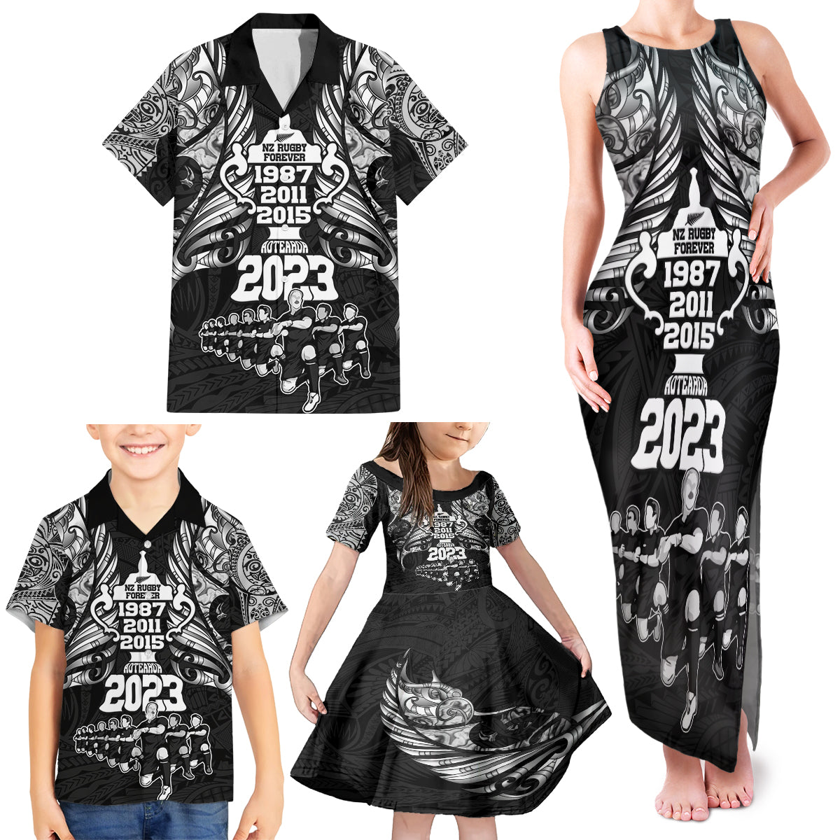 custom-new-zealand-rugby-family-matching-tank-maxi-dress-and-hawaiian-shirt-black-haka-dance-with-nz-champions-history