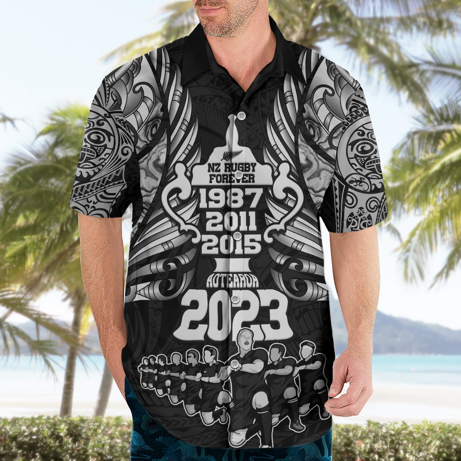 Custom New Zealand Rugby Hawaiian Shirt Black Haka Dance With NZ Champions History - Vibe Hoodie Shop