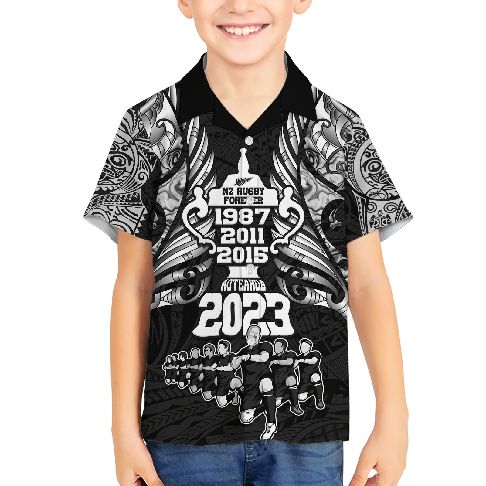 custom-new-zealand-rugby-kid-hawaiian-shirt-black-haka-dance-with-nz-champions-history