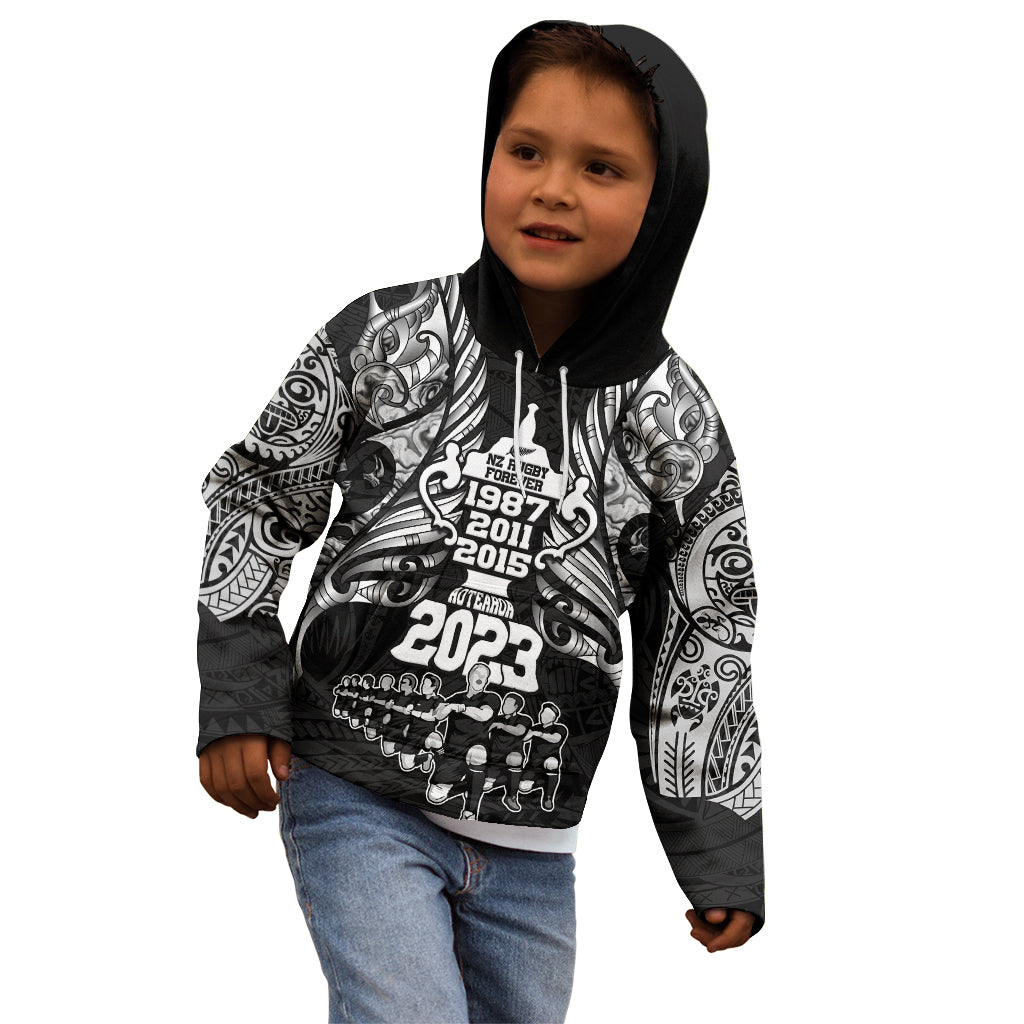 Custom New Zealand Rugby Kid Hoodie Black Haka Dance With NZ Champions History - Vibe Hoodie Shop
