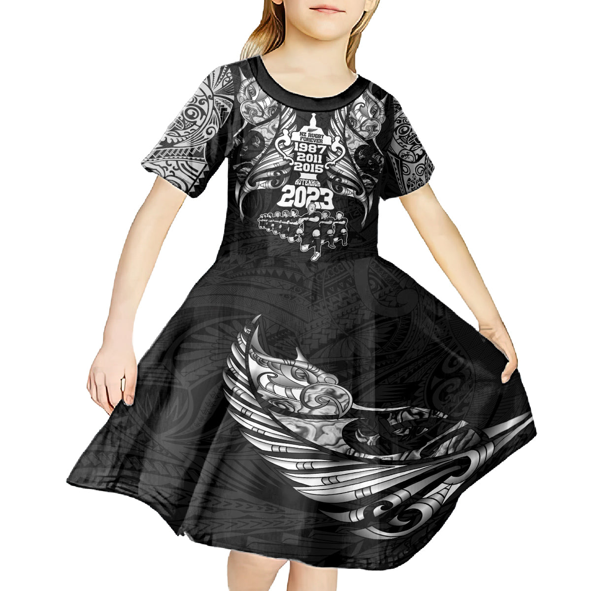 Custom New Zealand Rugby Kid Short Sleeve Dress Black Haka Dance With NZ Champions History - Vibe Hoodie Shop