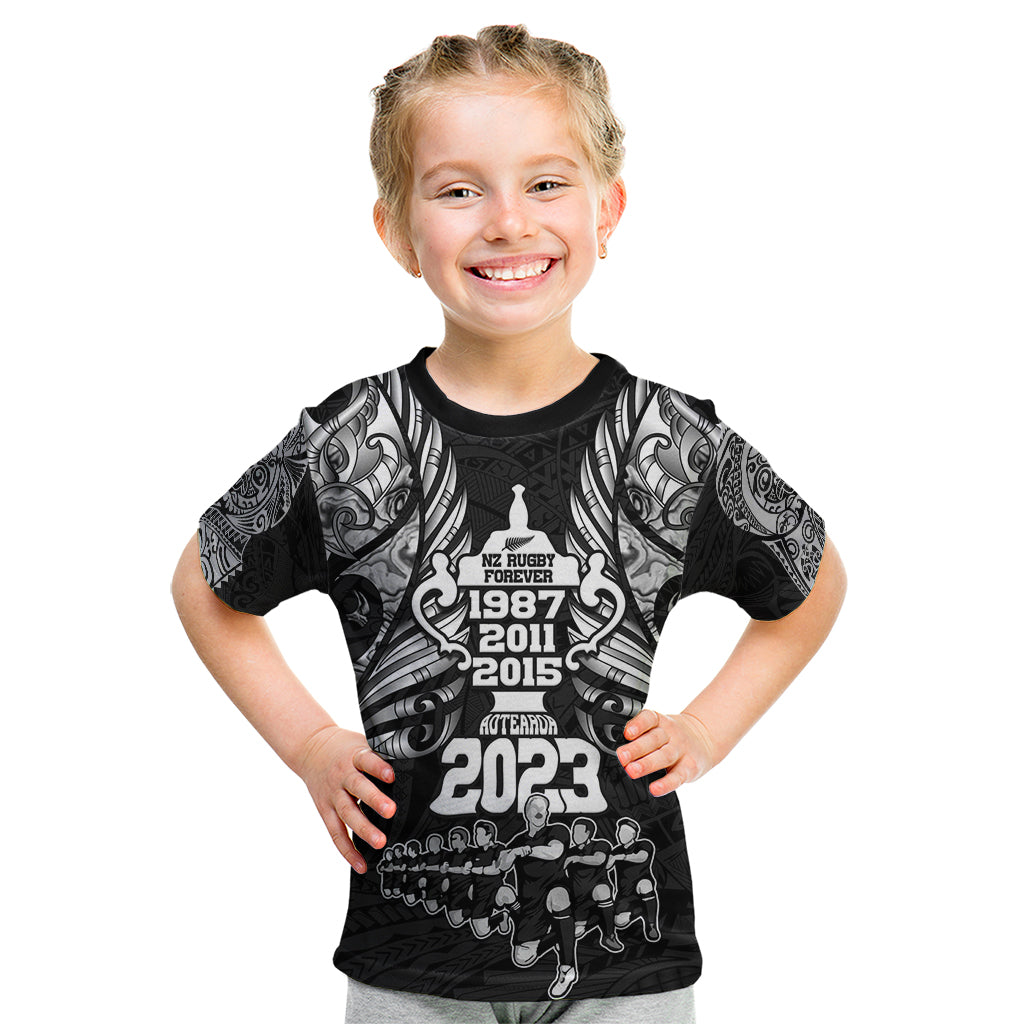 Custom New Zealand Rugby Kid T Shirt Black Haka Dance With NZ Champions History - Vibe Hoodie Shop