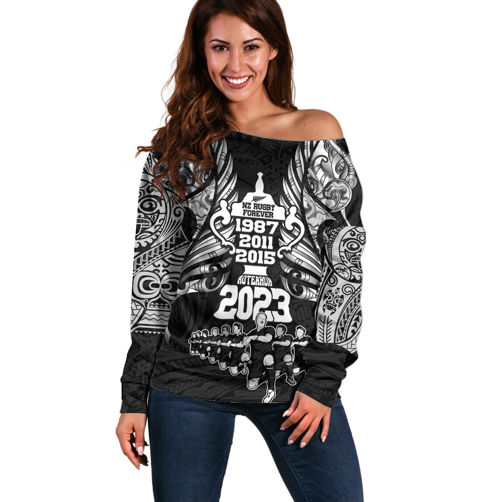 Custom New Zealand Rugby Off Shoulder Sweater Black Haka Dance With NZ Champions History - Vibe Hoodie Shop