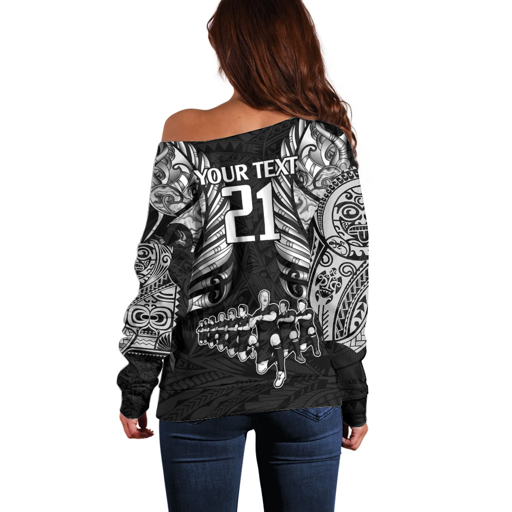 Custom New Zealand Rugby Off Shoulder Sweater Black Haka Dance With NZ Champions History - Vibe Hoodie Shop