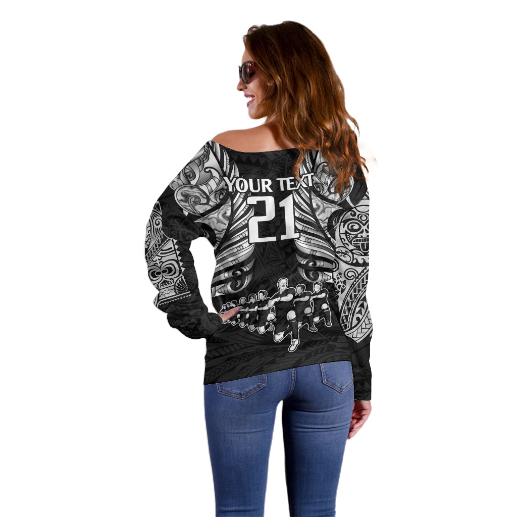 Custom New Zealand Rugby Off Shoulder Sweater Black Haka Dance With NZ Champions History - Vibe Hoodie Shop