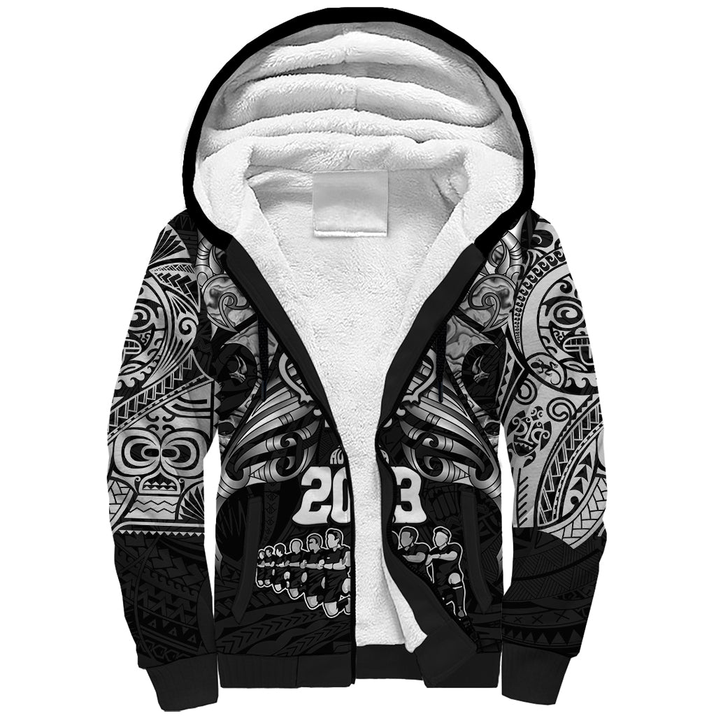 Custom New Zealand Rugby Sherpa Hoodie Black Haka Dance With NZ Champions History - Vibe Hoodie Shop