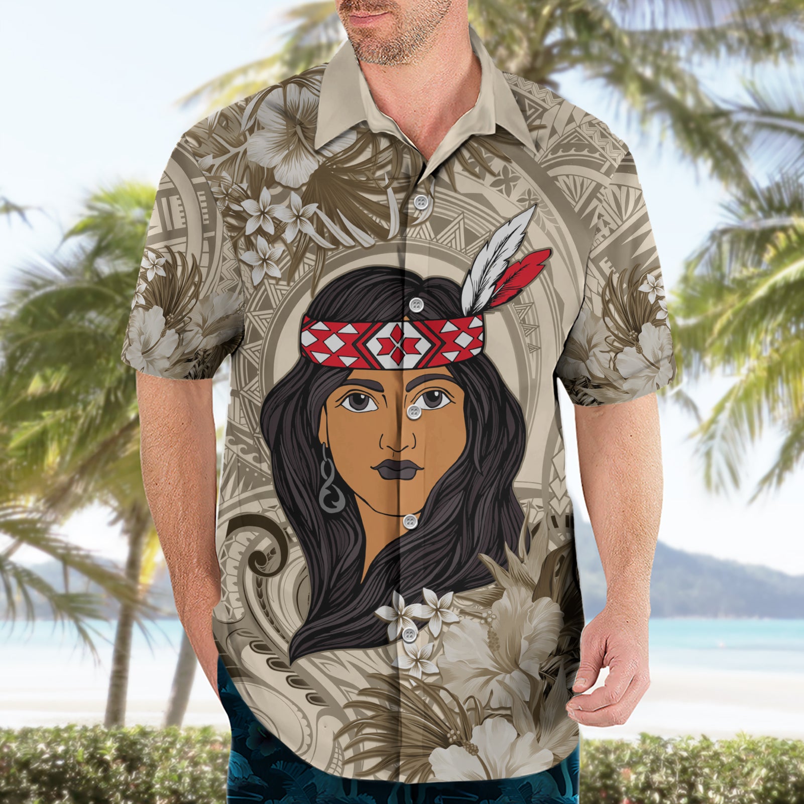 Personalized New Zealand Women's Day Hawaiian Shirt Maori Girl Feathers of Hope - Beige - Vibe Hoodie Shop