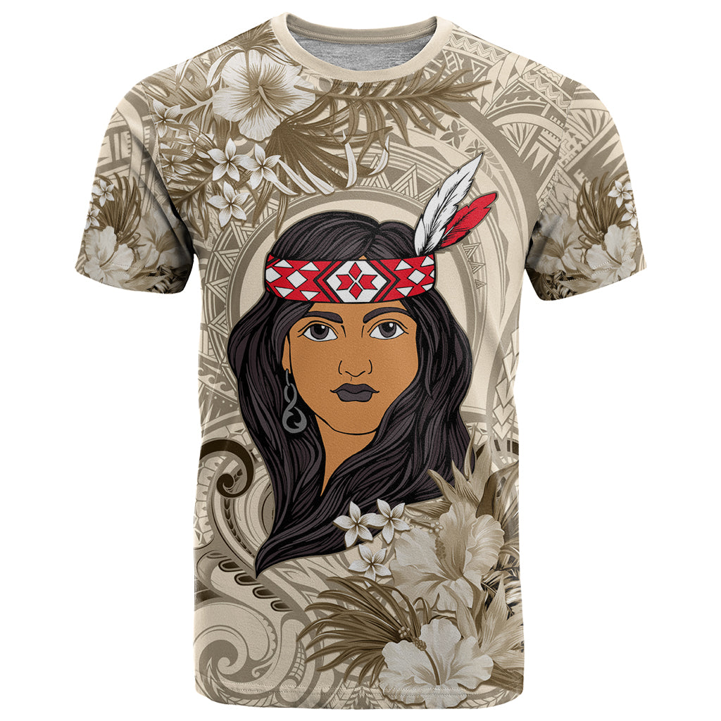 Personalized New Zealand Women's Day T Shirt Maori Girl Feathers of Hope - Beige LT9 - Vibe Hoodie Shop