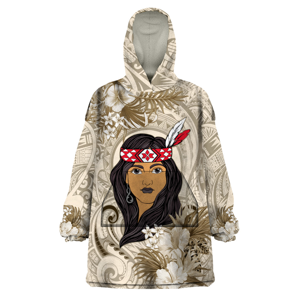 Personalized New Zealand Women's Day Wearable Blanket Hoodie Maori Girl Feathers of Hope - Beige - Vibe Hoodie Shop