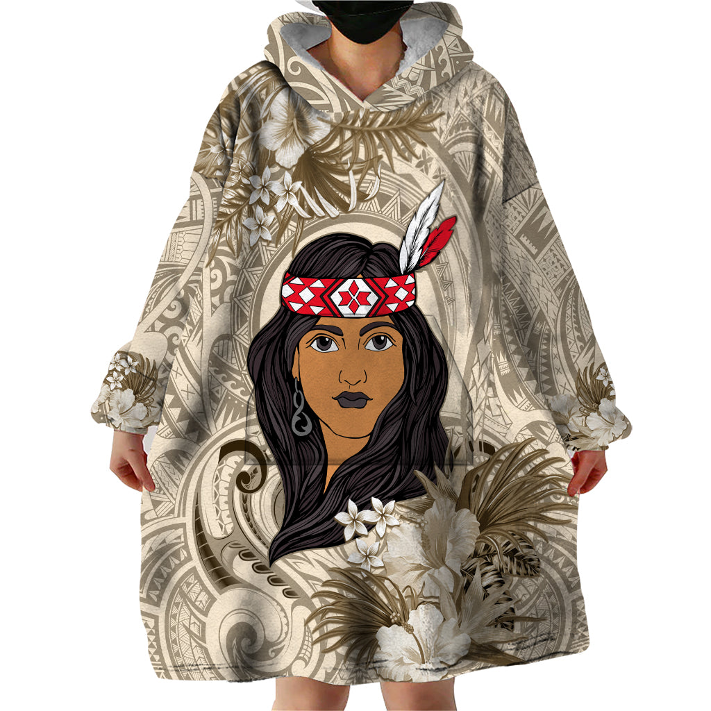 Personalized New Zealand Women's Day Wearable Blanket Hoodie Maori Girl Feathers of Hope - Beige - Vibe Hoodie Shop