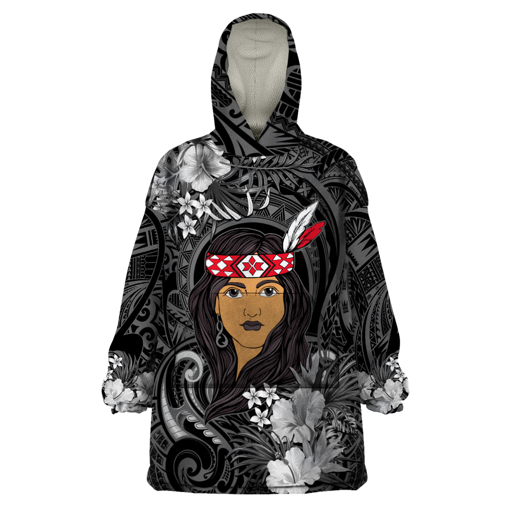 New Zealand Custom Women's Day Wearable Blanket Hoodie Maori Girl Feathers of Hope - Black - Vibe Hoodie Shop