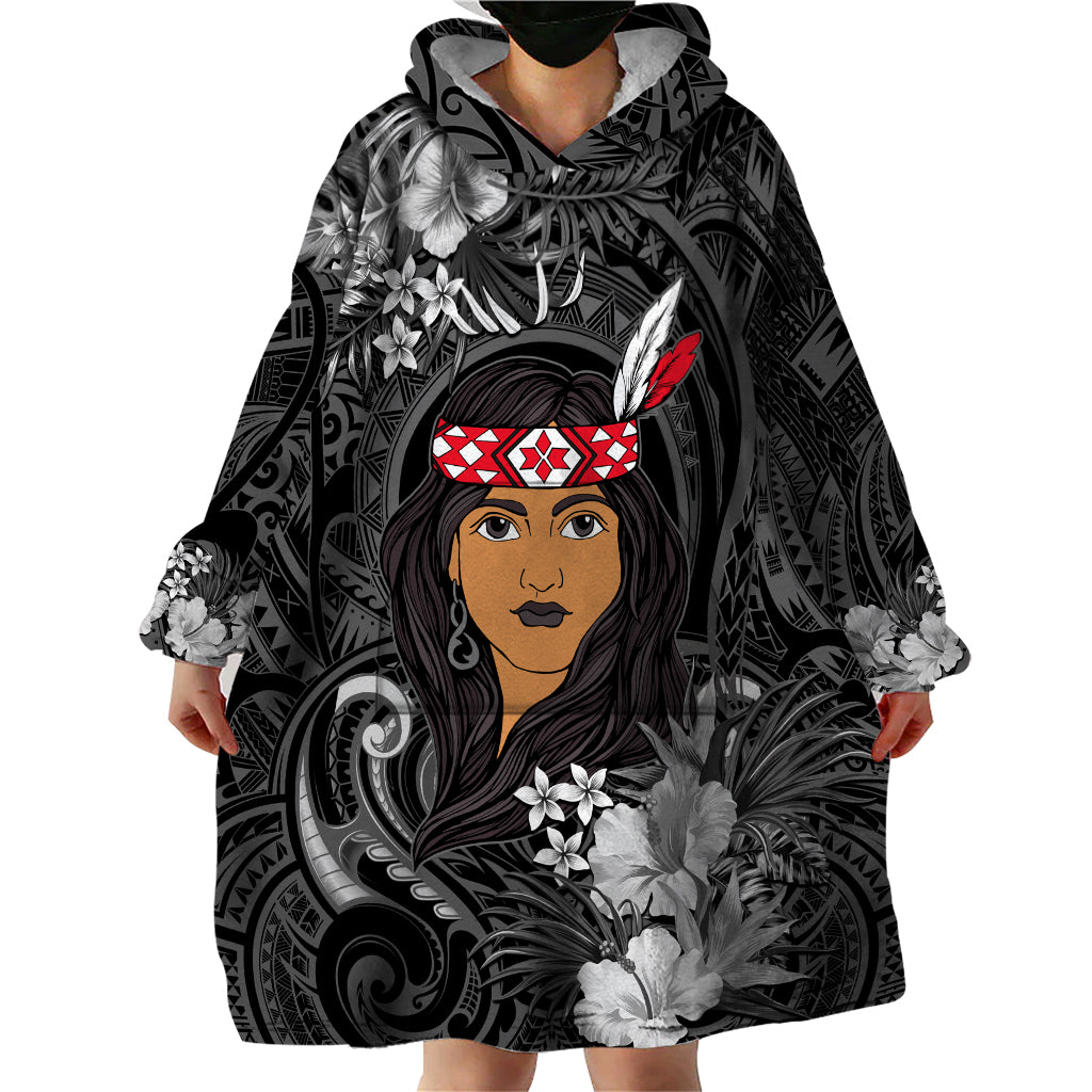 New Zealand Custom Women's Day Wearable Blanket Hoodie Maori Girl Feathers of Hope - Black - Vibe Hoodie Shop