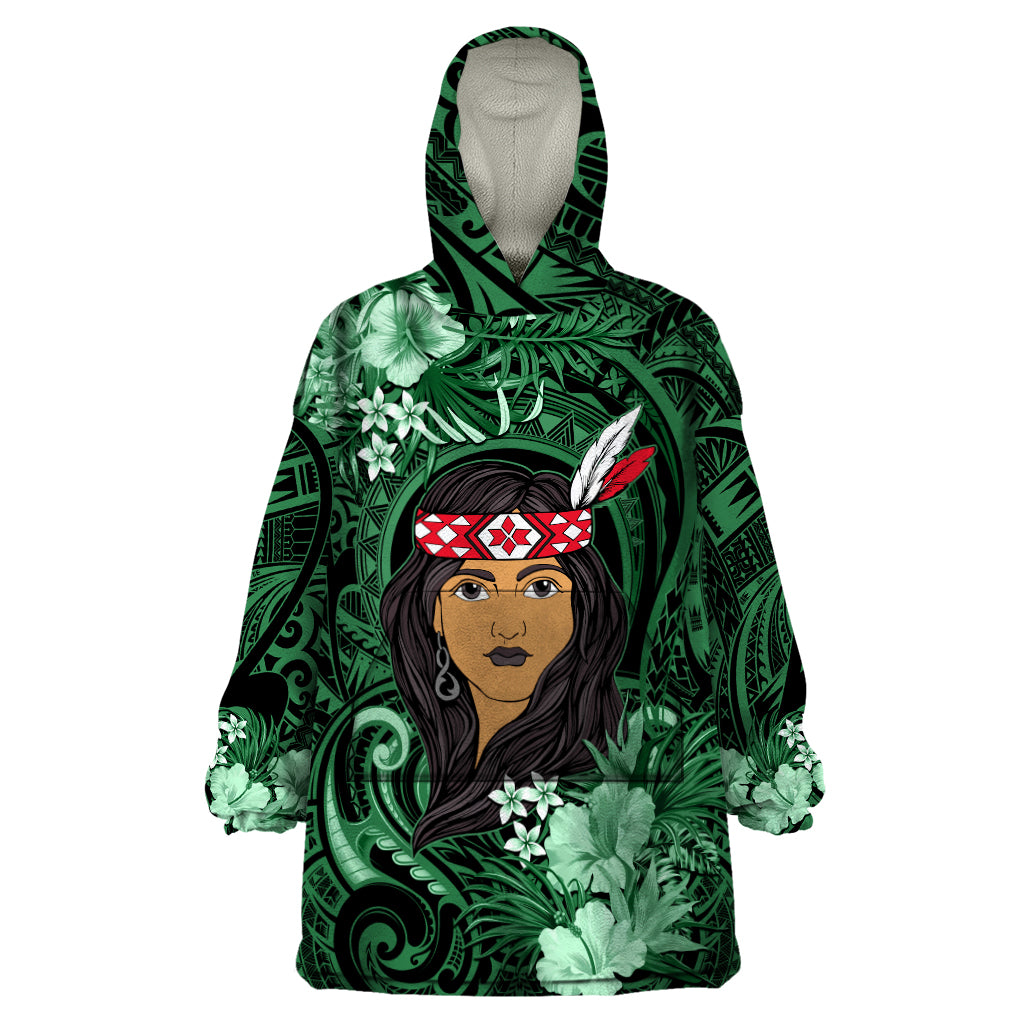 New Zealand Custom Women's Day Wearable Blanket Hoodie Maori Girl Feathers of Hope - Green - Vibe Hoodie Shop