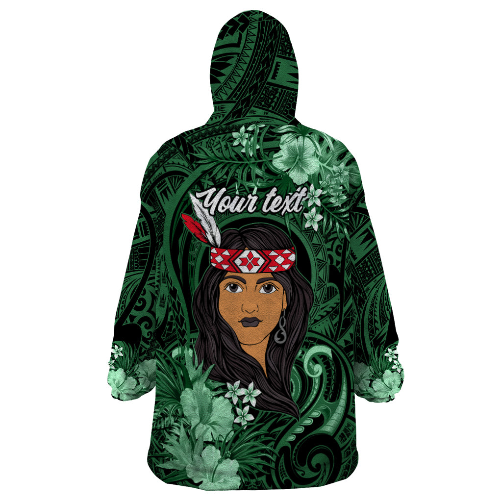 New Zealand Custom Women's Day Wearable Blanket Hoodie Maori Girl Feathers of Hope - Green - Vibe Hoodie Shop