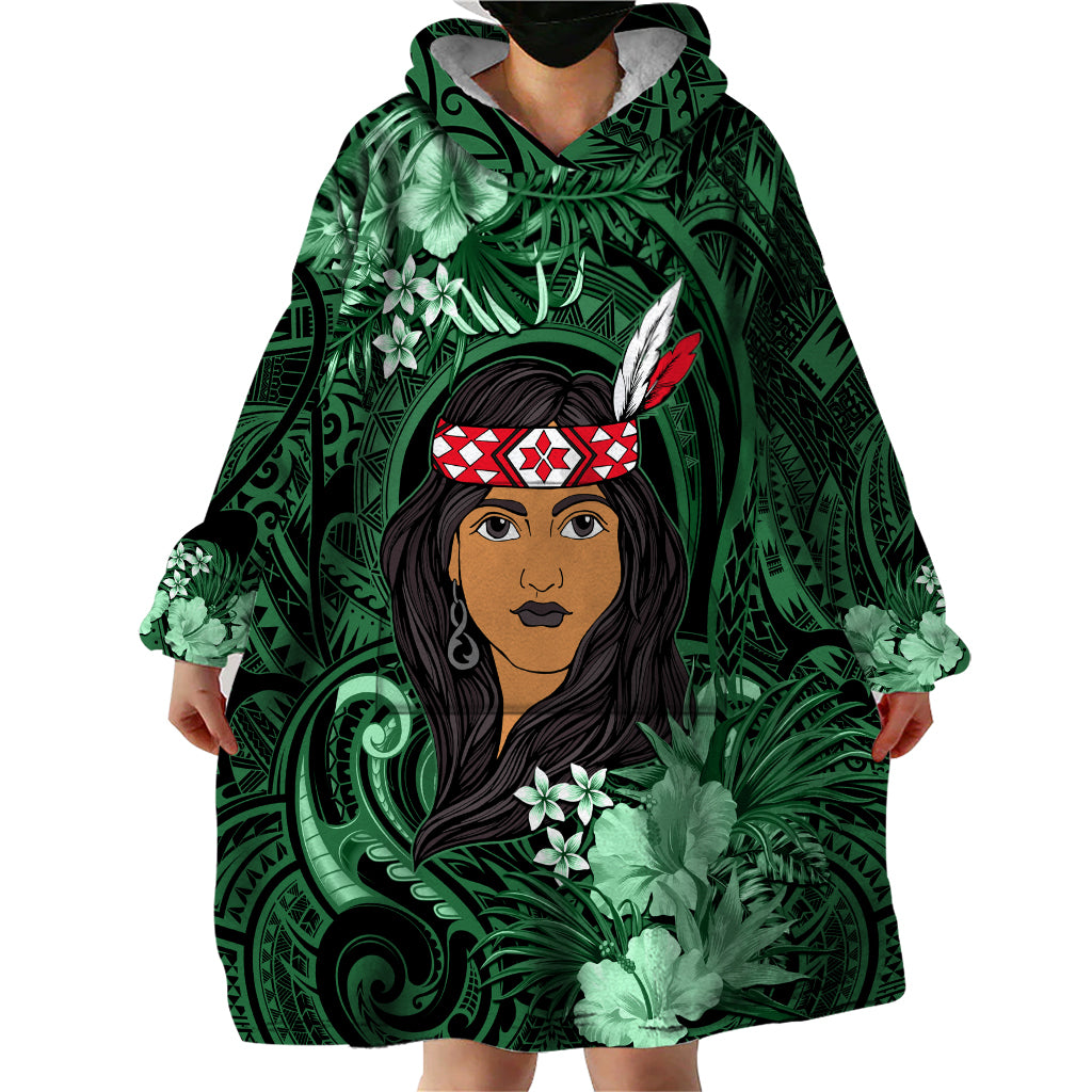 New Zealand Custom Women's Day Wearable Blanket Hoodie Maori Girl Feathers of Hope - Green - Vibe Hoodie Shop