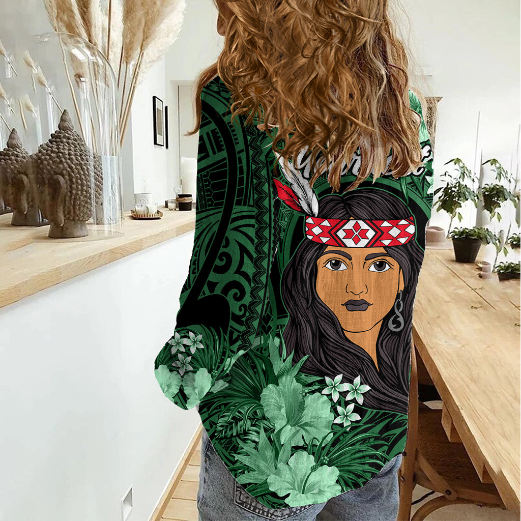 New Zealand Custom Women's Day Women Casual Shirt Maori Girl Feathers of Hope - Green - Vibe Hoodie Shop