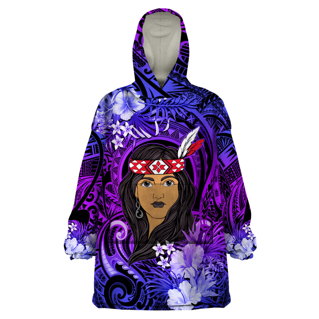 New Zealand Custom Women's Day Wearable Blanket Hoodie Maori Girl Feathers of Hope - Purple - Vibe Hoodie Shop