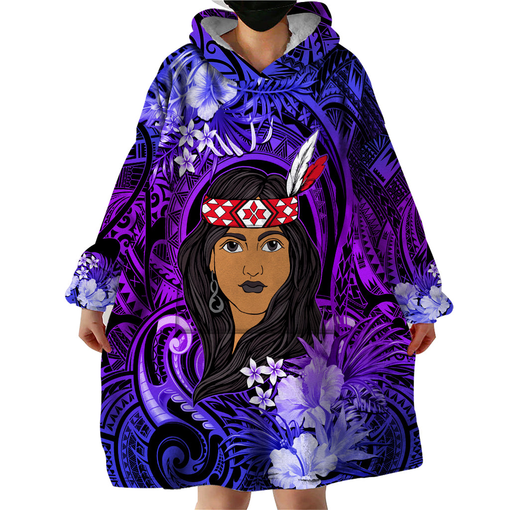 New Zealand Custom Women's Day Wearable Blanket Hoodie Maori Girl Feathers of Hope - Purple - Vibe Hoodie Shop