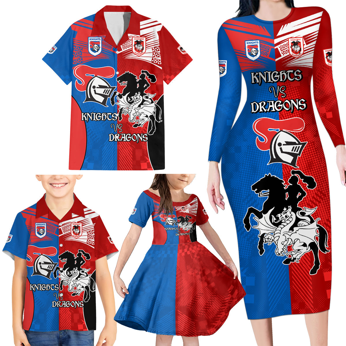 NRL Dragons and Knights Sporty Style Family Matching Long Sleeve Bodycon Dress and Hawaiian Shirt