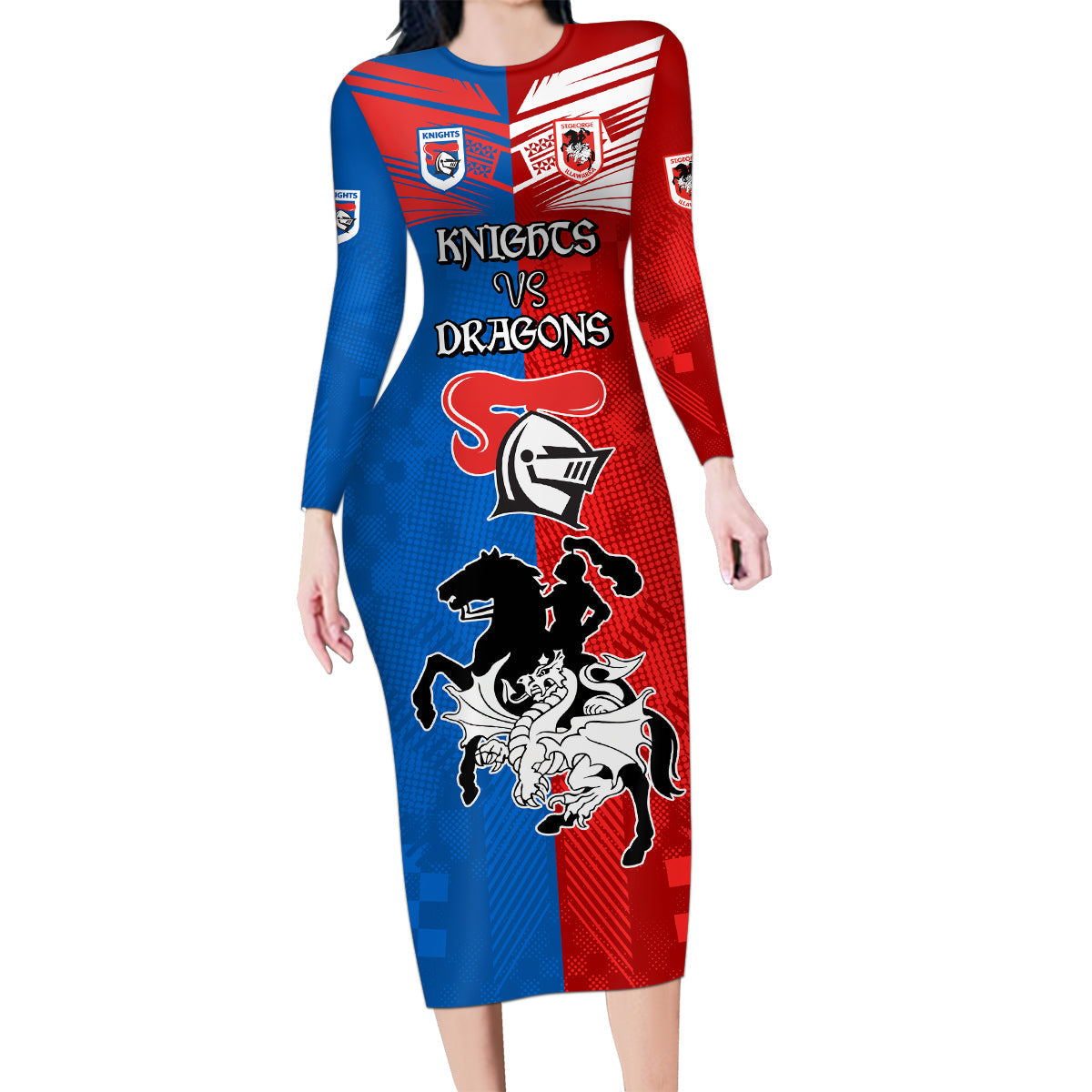 NRL Dragons and Knights Sporty Style Family Matching Long Sleeve Bodycon Dress and Hawaiian Shirt