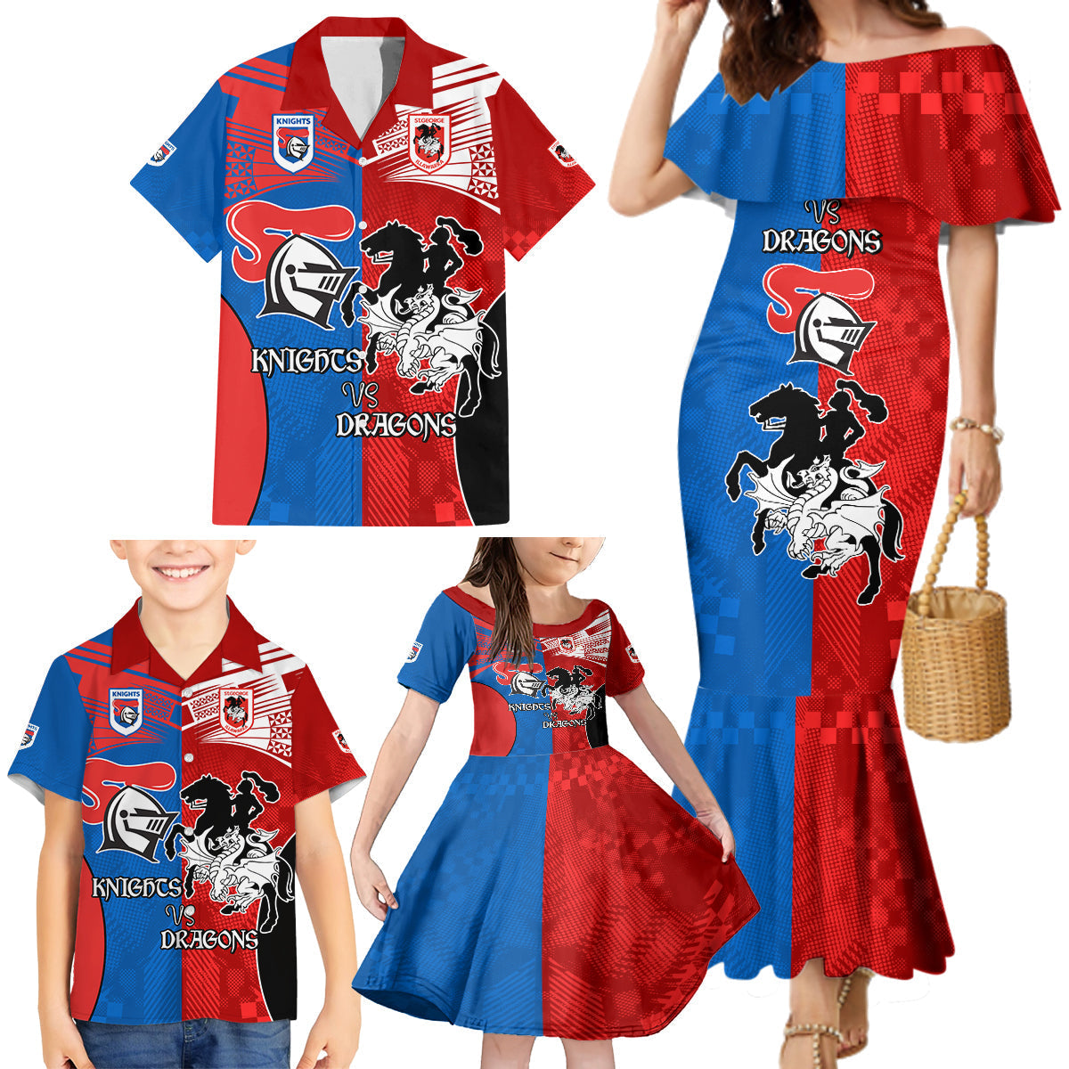 NRL Dragons and Knights Sporty Style Family Matching Mermaid Dress and Hawaiian Shirt