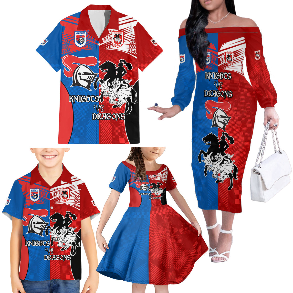 NRL Dragons and Knights Sporty Style Family Matching Off Shoulder Long Sleeve Dress and Hawaiian Shirt