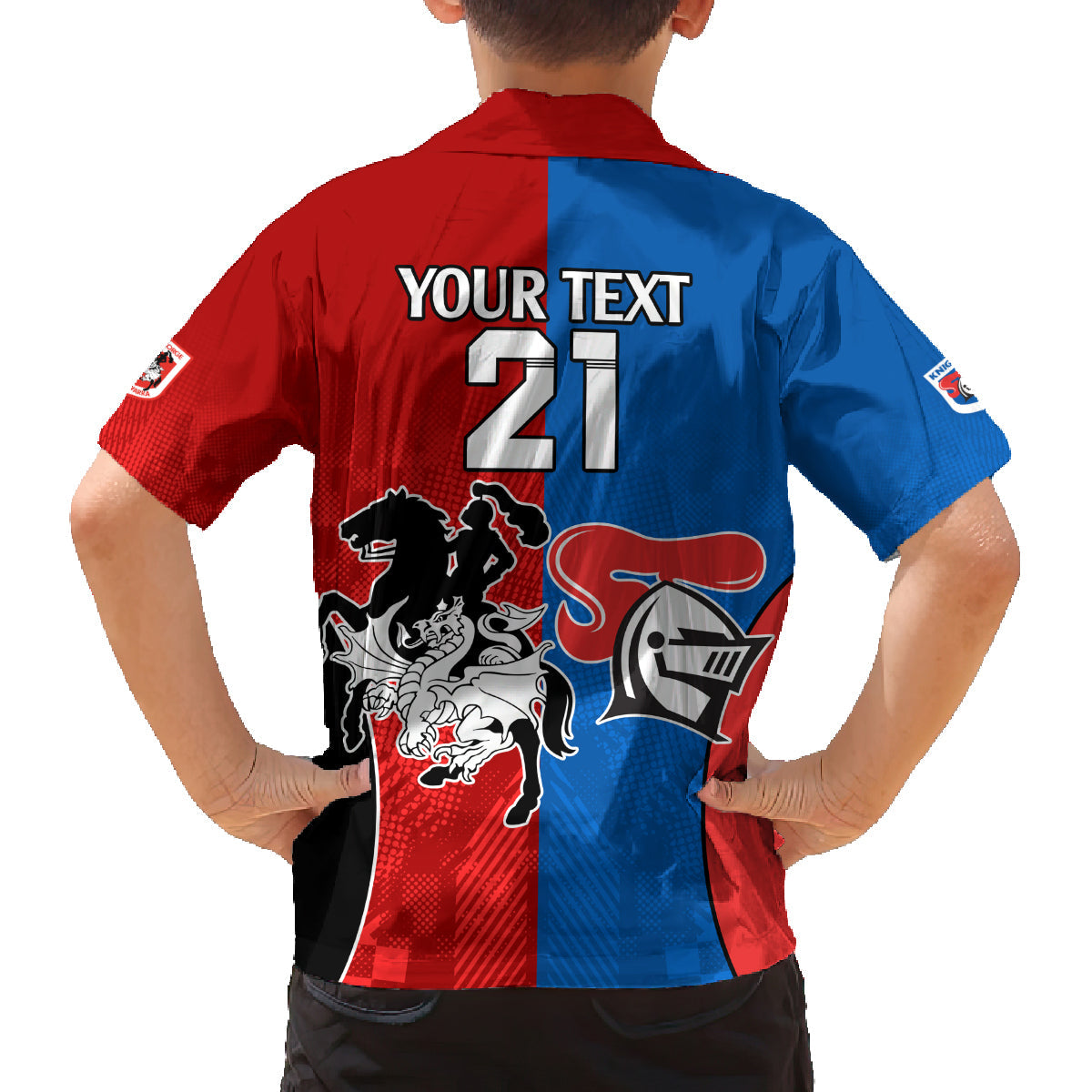 NRL Dragons and Knights Sporty Style Family Matching Off Shoulder Long Sleeve Dress and Hawaiian Shirt