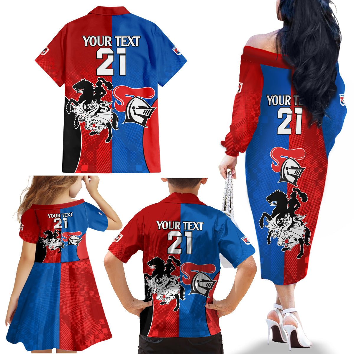 NRL Dragons and Knights Sporty Style Family Matching Off Shoulder Long Sleeve Dress and Hawaiian Shirt