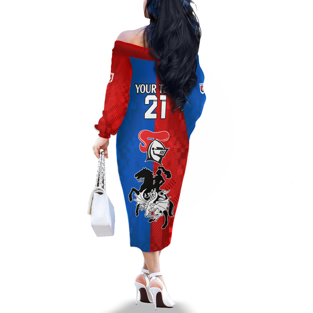 NRL Dragons and Knights Sporty Style Family Matching Off Shoulder Long Sleeve Dress and Hawaiian Shirt