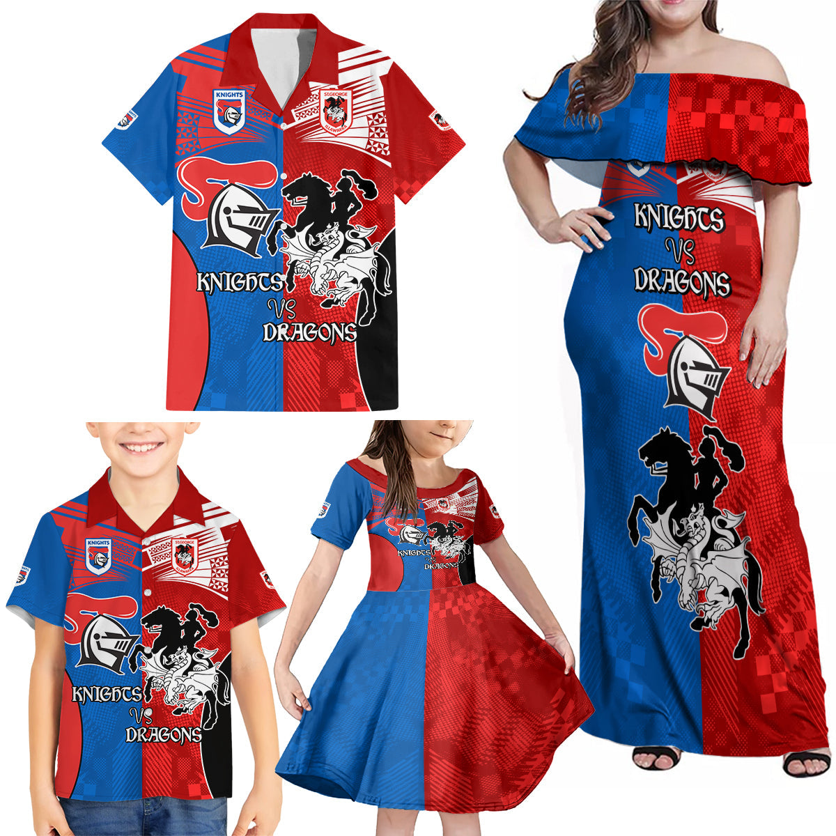 NRL Dragons and Knights Sporty Style Family Matching Off Shoulder Maxi Dress and Hawaiian Shirt