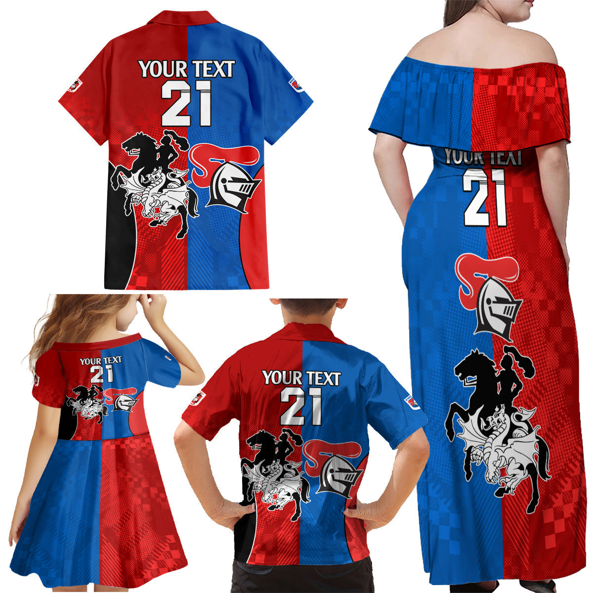 NRL Dragons and Knights Sporty Style Family Matching Off Shoulder Maxi Dress and Hawaiian Shirt