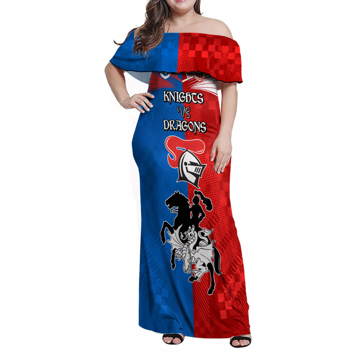 NRL Dragons and Knights Sporty Style Family Matching Off Shoulder Maxi Dress and Hawaiian Shirt