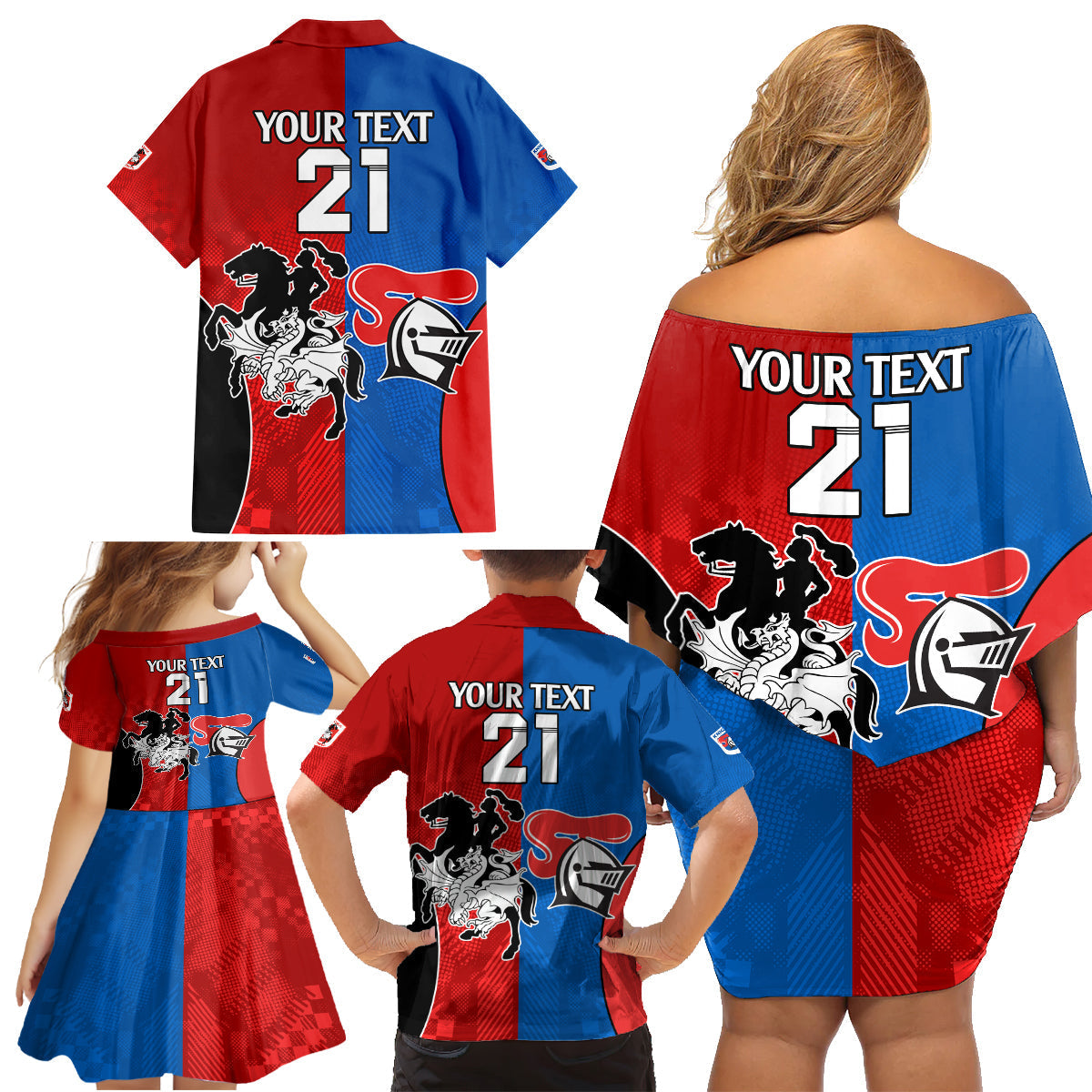 NRL Dragons and Knights Sporty Style Family Matching Off Shoulder Short Dress and Hawaiian Shirt