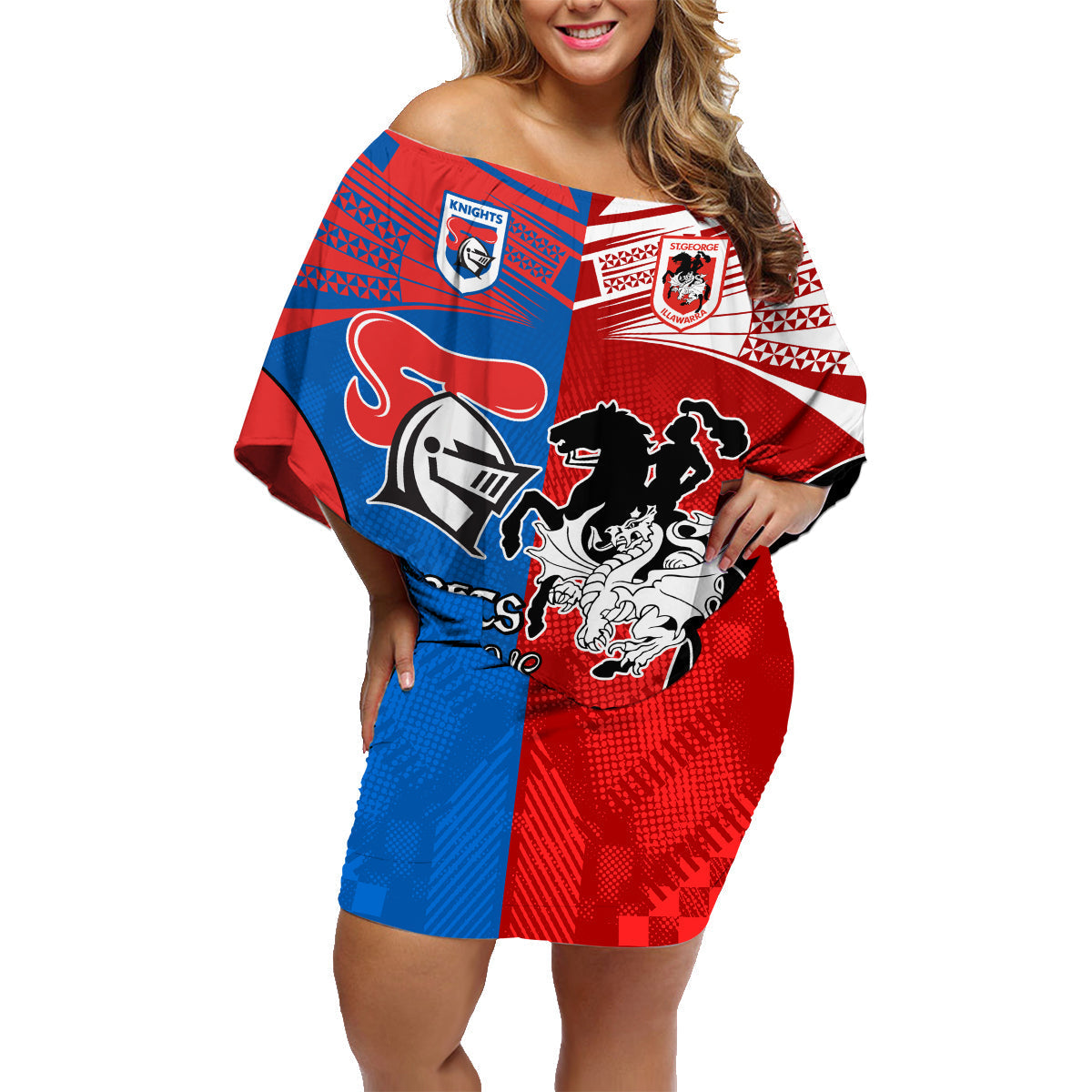 NRL Dragons and Knights Sporty Style Family Matching Off Shoulder Short Dress and Hawaiian Shirt