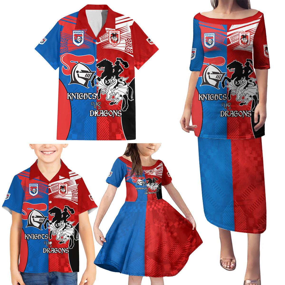 NRL Dragons and Knights Sporty Style Family Matching Puletasi and Hawaiian Shirt