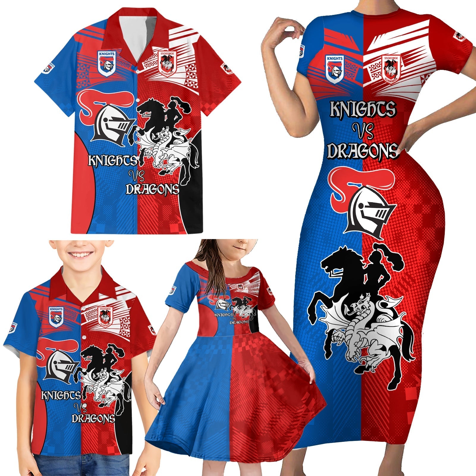 NRL Dragons and Knights Sporty Style Family Matching Short Sleeve Bodycon Dress and Hawaiian Shirt