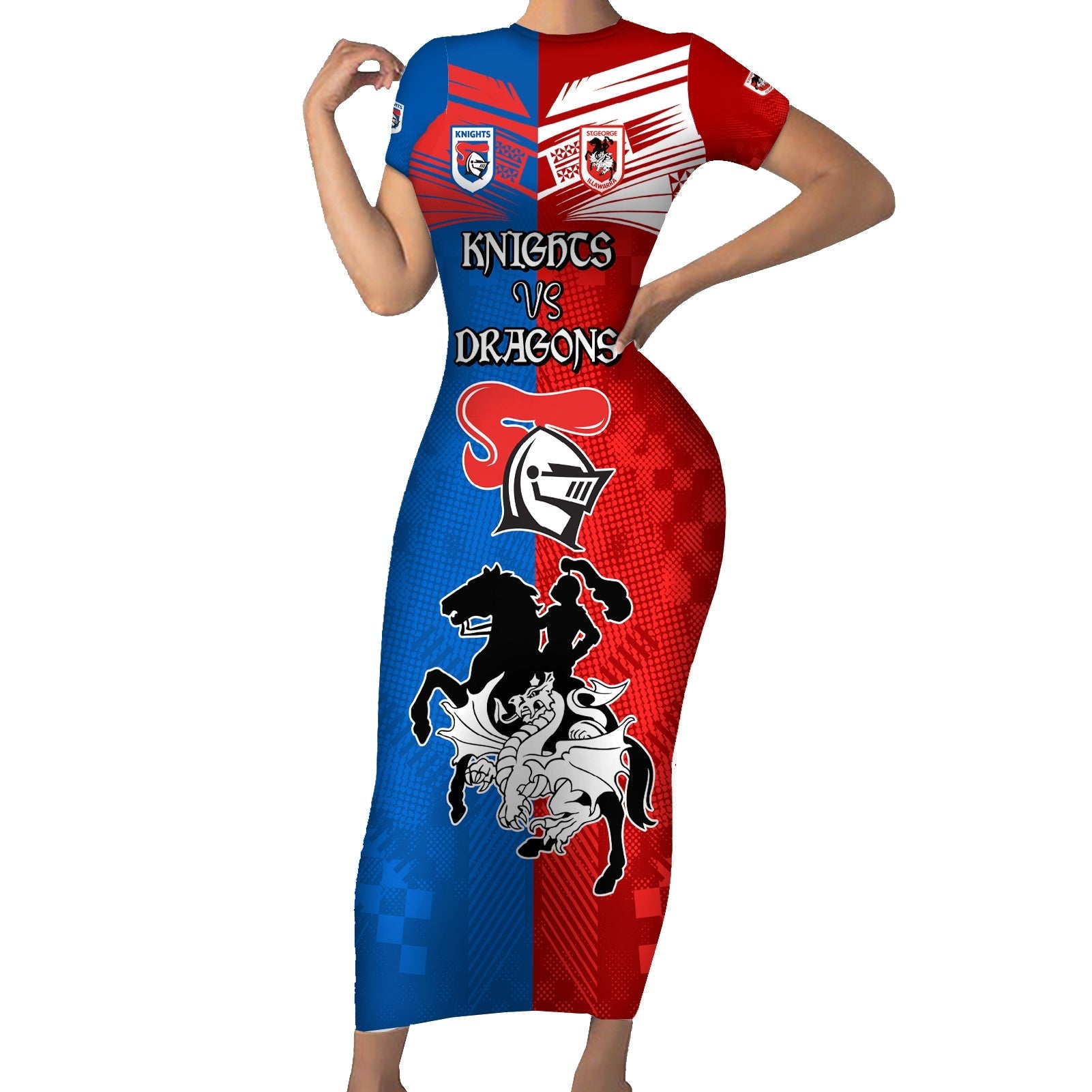 NRL Dragons and Knights Sporty Style Family Matching Short Sleeve Bodycon Dress and Hawaiian Shirt