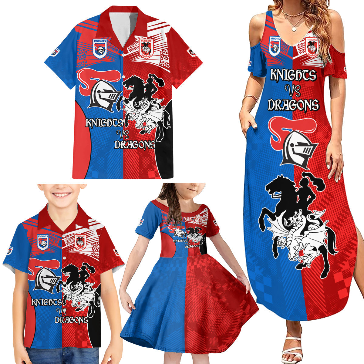 NRL Dragons and Knights Sporty Style Family Matching Summer Maxi Dress and Hawaiian Shirt