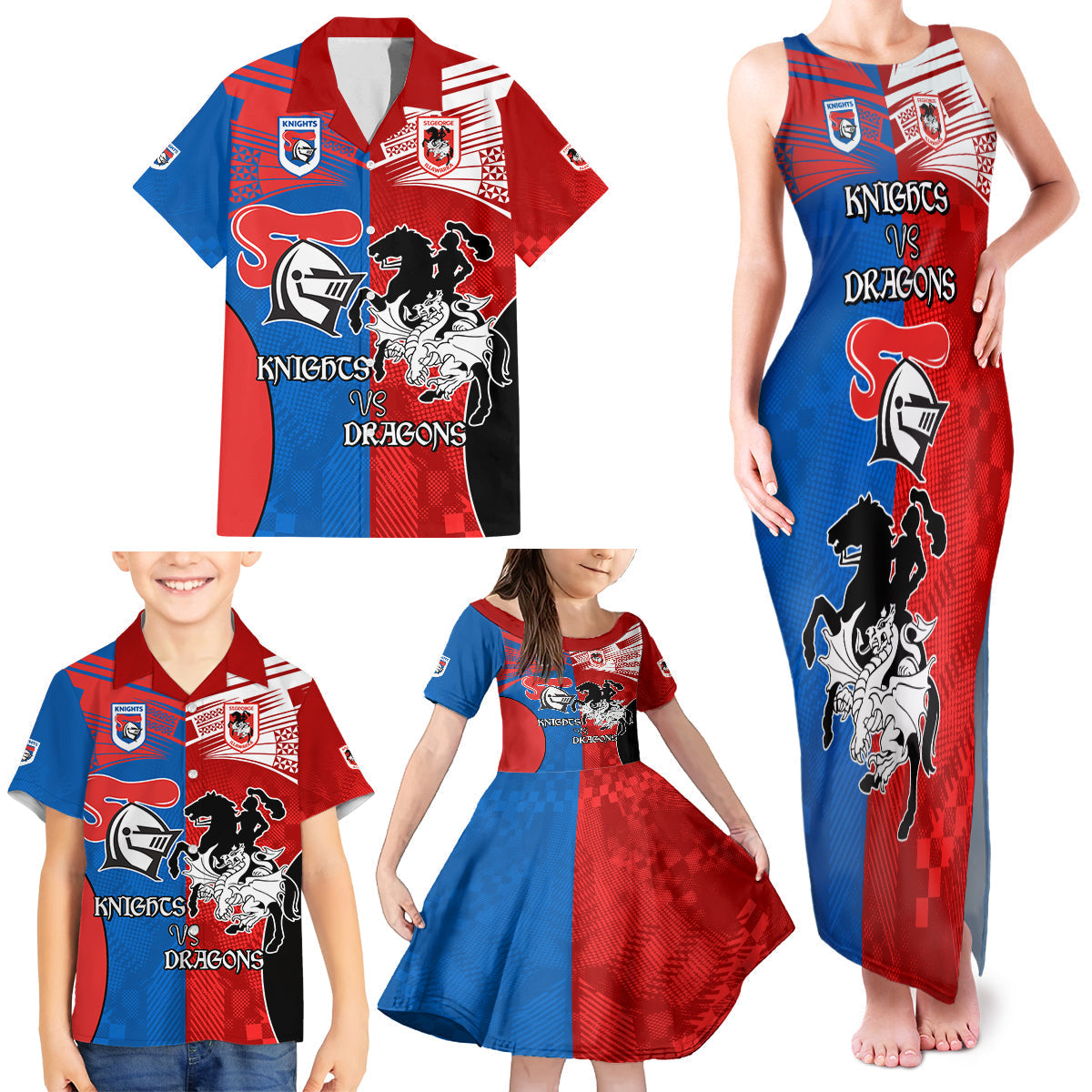 NRL Dragons and Knights Sporty Style Family Matching Tank Maxi Dress and Hawaiian Shirt