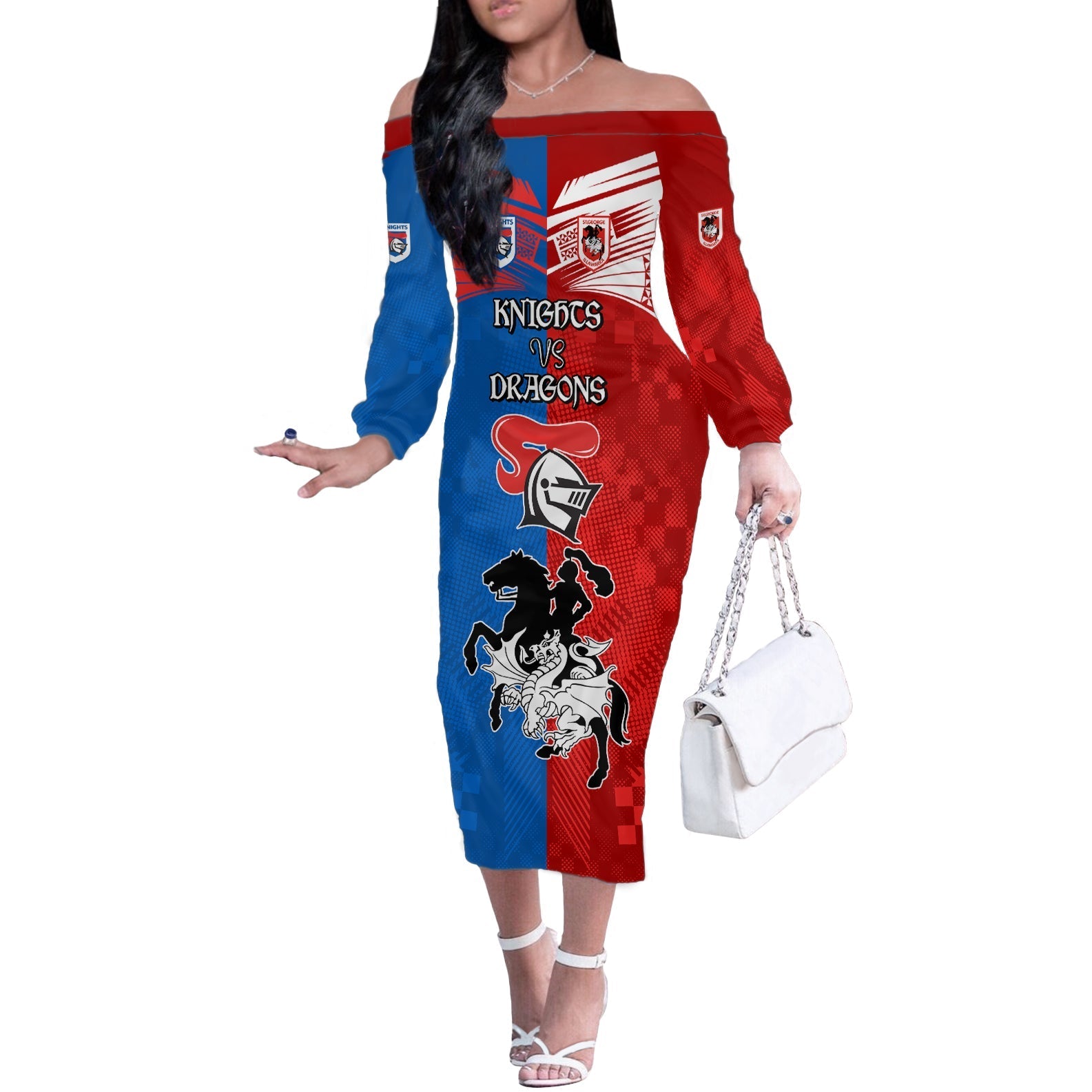 NRL Dragons and Knights Sporty Style Off The Shoulder Long Sleeve Dress