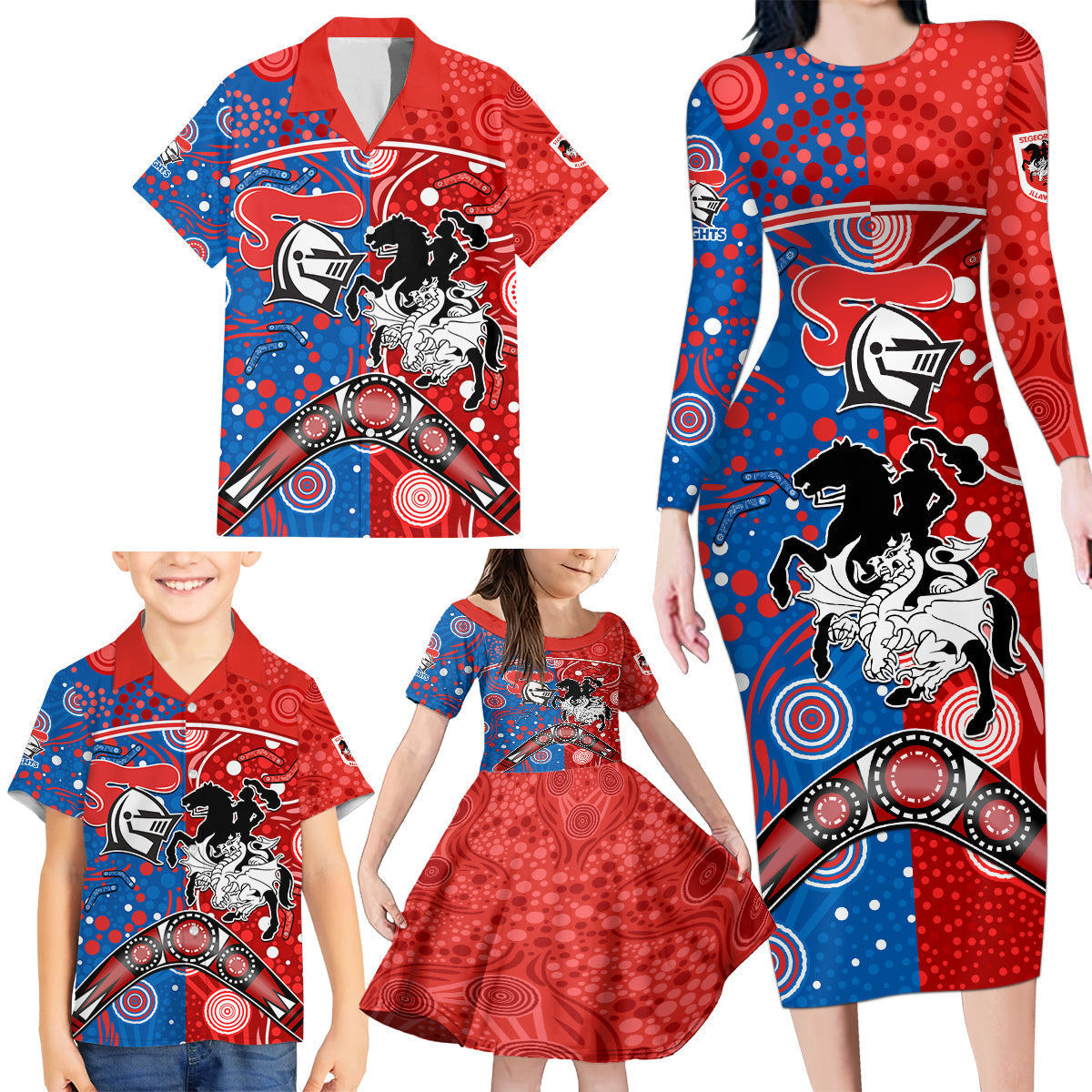 NRL Knights and Dragons Together Family Matching Long Sleeve Bodycon Dress and Hawaiian Shirt Boomerang Indigenous Dots